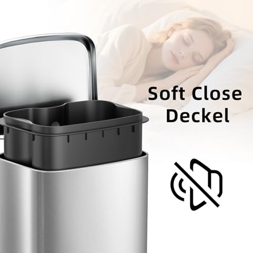KSSKSS Kleiner Mülleimer Bad, 6 Liter Kosmetikeimer, Abfalleimer mit Deckel und Pedal, Tretmülleimer mit Absenkautomatik (Soft Close), Edelstahl, Badmülleimer mit Inneneimer, Rechteckig, Silber