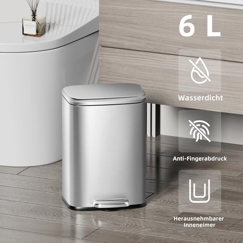 KSSKSS Kleiner Mülleimer Bad, 6 Liter Kosmetikeimer, Abfalleimer mit Deckel und Pedal, Tretmülleimer mit Absenkautomatik (Soft Close), Edelstahl, Badmülleimer mit Inneneimer, Rechteckig, Silber