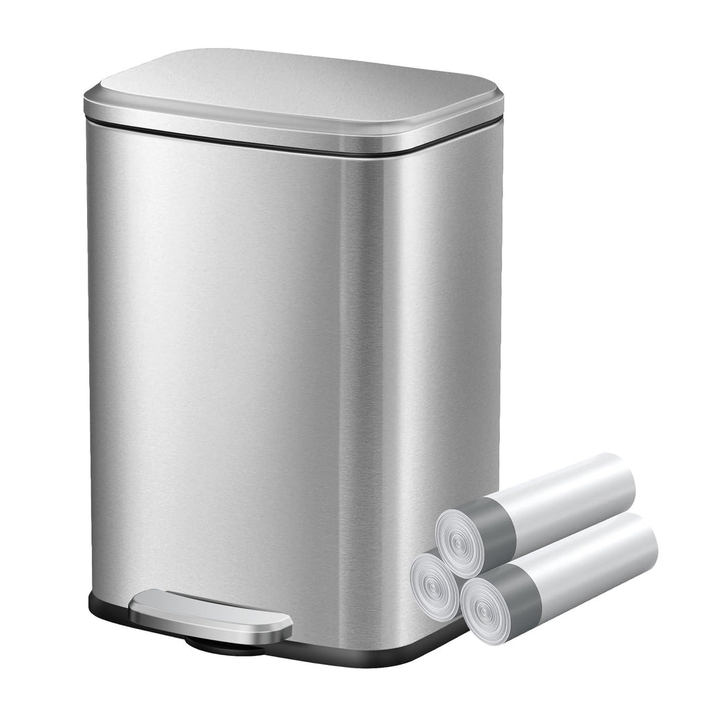 KSSKSS Kleiner Mülleimer Bad, 6 Liter Kosmetikeimer, Abfalleimer mit Deckel und Pedal, Tretmülleimer mit Absenkautomatik (Soft Close), Edelstahl, Badmülleimer mit Inneneimer, Rechteckig, Silber