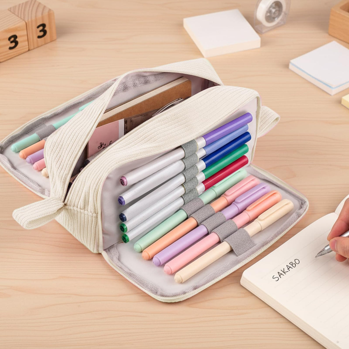 Federmäppchen Cord, Mäppchen 3 Fächer,Große Kapazität Federtaschen (Beige)