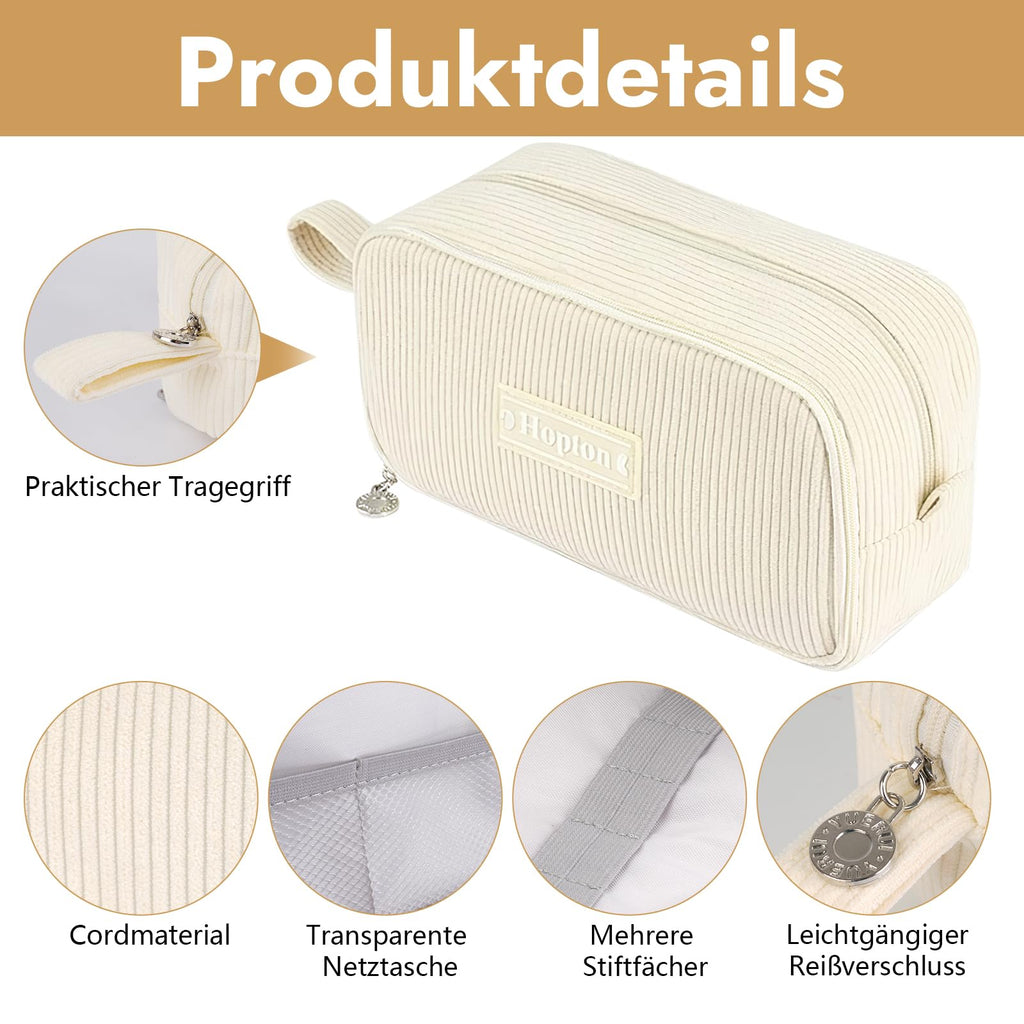 Federmäppchen Cord, Mäppchen 3 Fächer,Große Kapazität Federtaschen (Beige)