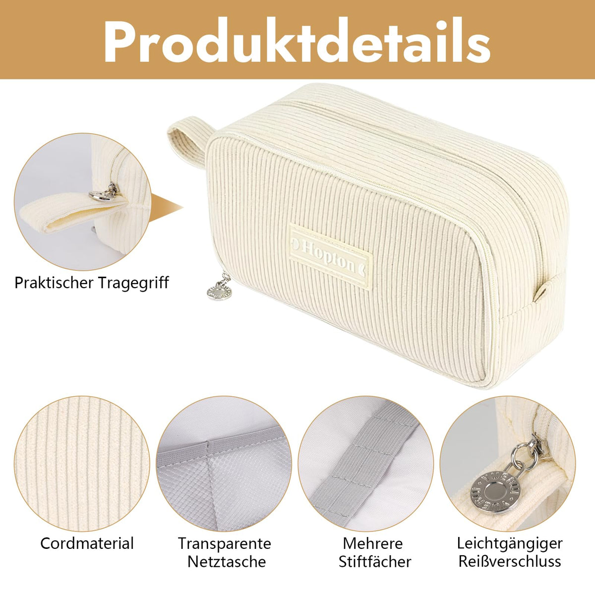 Federmäppchen Cord, Mäppchen 3 Fächer,Große Kapazität Federtaschen (Beige)