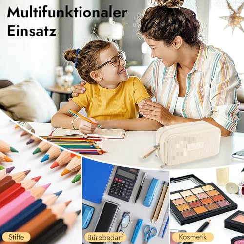 Federmäppchen Cord, Mäppchen 3 Fächer,Große Kapazität Federtaschen (Beige)