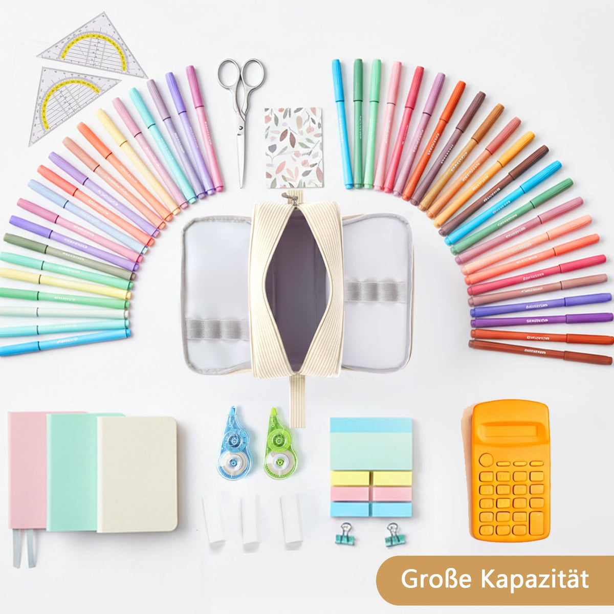 Federmäppchen Cord, Mäppchen 3 Fächer,Große Kapazität Federtaschen (Beige)