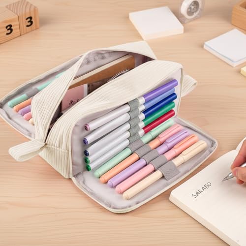 Federmäppchen Cord, Mäppchen 3 Fächer,Große Kapazität Federtaschen (Beige)