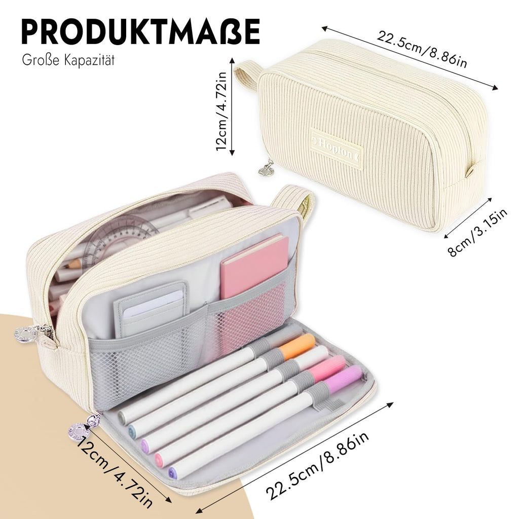 Federmäppchen Cord, Mäppchen 3 Fächer,Große Kapazität Federtaschen (Beige)