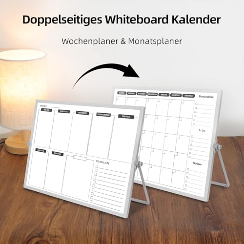 Doppelseitiges Whiteboard Wochenplaner/Monatsplaner abwischbar mit Halter für Tisch und zum aufhängen für Wand 40 x 30 cm
