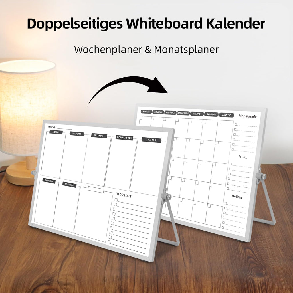 Doppelseitiges Whiteboard Wochenplaner/Monatsplaner abwischbar mit Halter für Tisch und zum aufhängen für Wand 40 x 30 cm