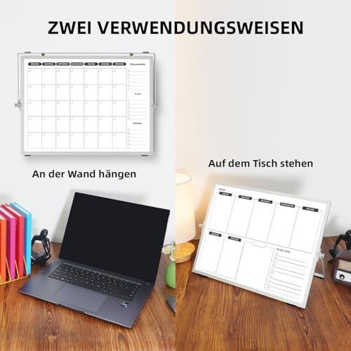 Doppelseitiges Whiteboard Wochenplaner/Monatsplaner abwischbar mit Halter für Tisch und zum aufhängen für Wand 40 x 30 cm