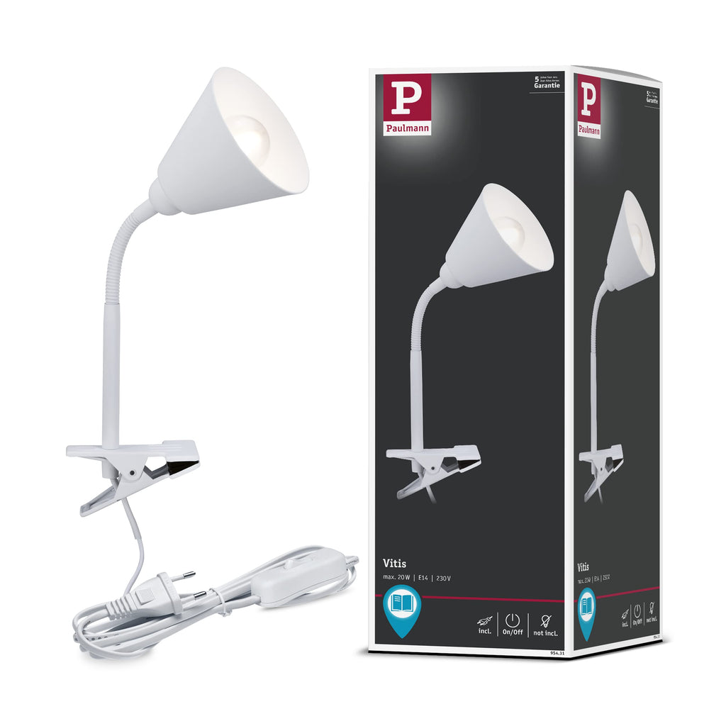 Paulmann 95431 Klemmleuchte Vitis mit Flexarm rund max. 20 Watt Lampe Schnurschalter Weiß Metall, Kunststoff E14 ohne Leuchtmittel