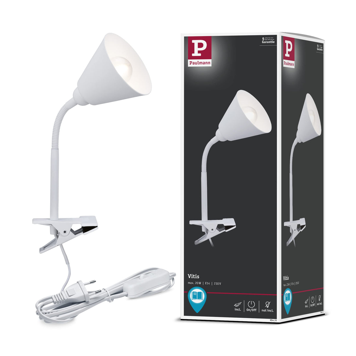 Paulmann 95431 Klemmleuchte Vitis mit Flexarm rund max. 20 Watt Lampe Schnurschalter Weiß Metall, Kunststoff E14 ohne Leuchtmittel