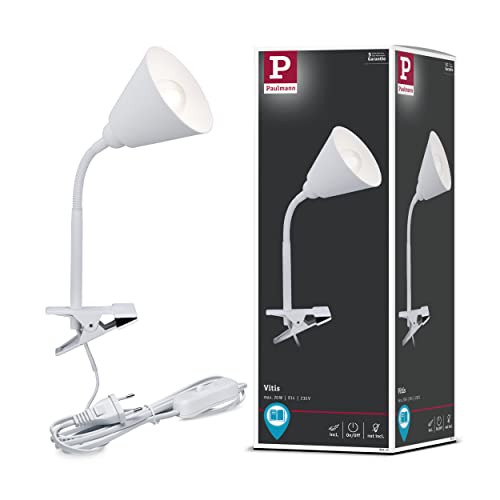 Paulmann 95431 Klemmleuchte Vitis mit Flexarm rund max. 20 Watt Lampe Schnurschalter Weiß Metall, Kunststoff E14 ohne Leuchtmittel