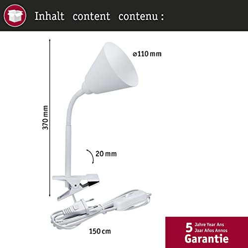 Paulmann 95431 Klemmleuchte Vitis mit Flexarm rund max. 20 Watt Lampe Schnurschalter Weiß Metall, Kunststoff E14 ohne Leuchtmittel