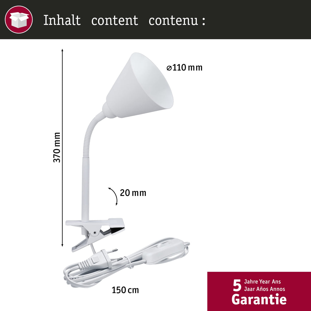 Paulmann 95431 Klemmleuchte Vitis mit Flexarm rund max. 20 Watt Lampe Schnurschalter Weiß Metall, Kunststoff E14 ohne Leuchtmittel