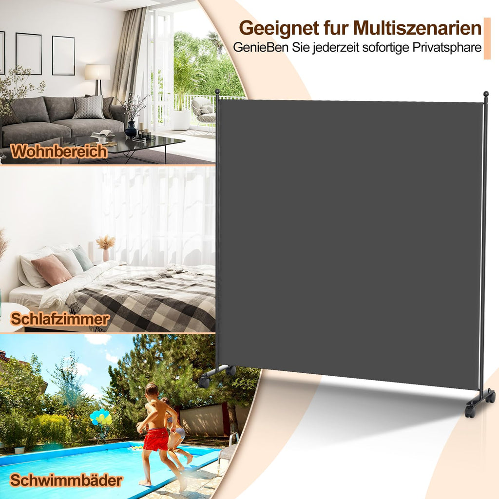 Fiqops Paravent Outdoor,Raumteiler auf Rollen 1-teilig 187×181 cm, Wetterfester Paravent für Outdoor & Büro - Anthrazit