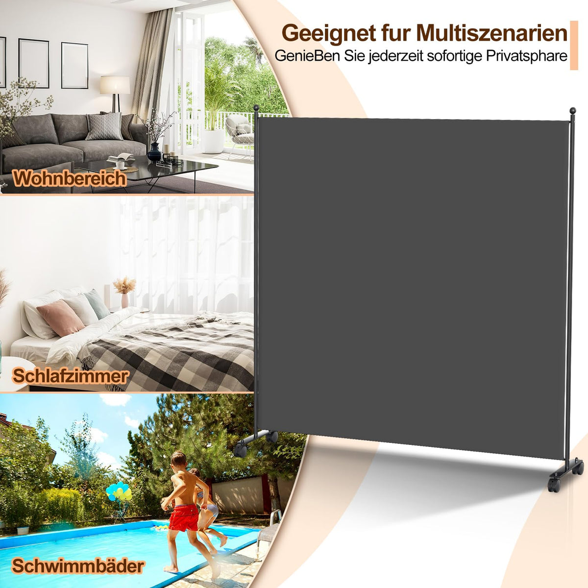 Fiqops Paravent Outdoor,Raumteiler auf Rollen 1-teilig 187×181 cm, Wetterfester Paravent für Outdoor & Büro - Anthrazit