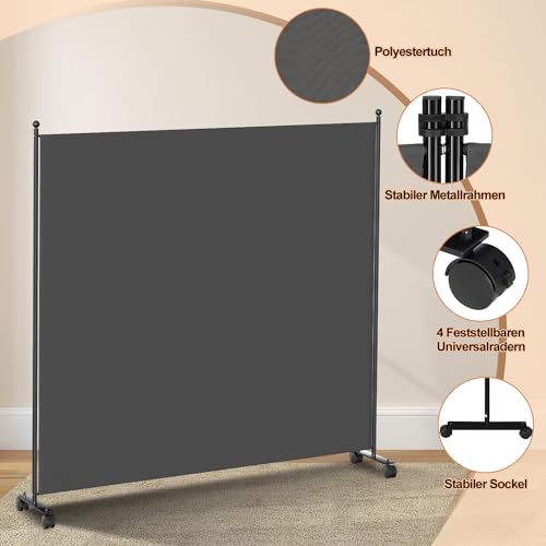 Fiqops Paravent Outdoor,Raumteiler auf Rollen 1-teilig 187×181 cm, Wetterfester Paravent für Outdoor & Büro - Anthrazit