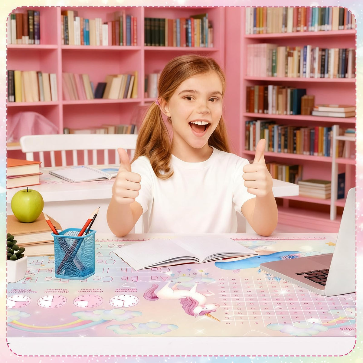 Schreibtischunterlage Leder, Schreibtischunterlage Kinder und Mädchen Einhorn-Thema Mauspad Büropad Rosa Groß 60X40cm Abwischbar PU-Leder Schreibtisch Unterlage fur office