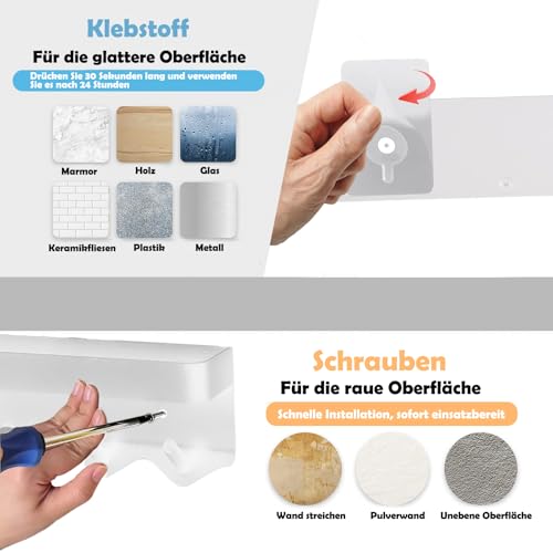 Echehi Leichte Schlüsselhalter mit 6 Haken, 2 Möglichkeiten zu Installieren schlüsselablage, Schlüsselbrett Ohne Bohren Geeignet für Eingangsbereiche und Hinter Türen. Weiß