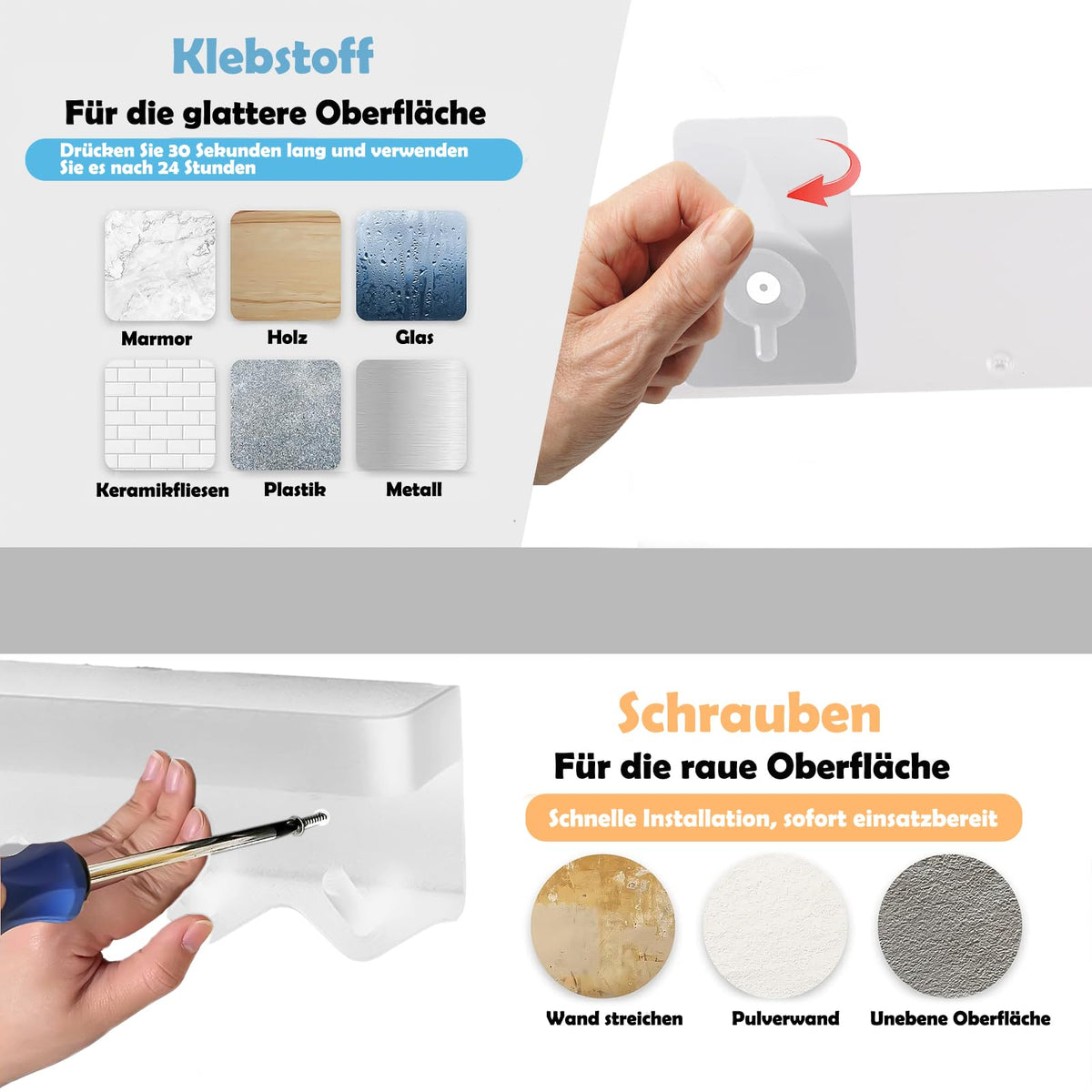 Echehi Leichte Schlüsselhalter mit 6 Haken, 2 Möglichkeiten zu Installieren schlüsselablage, Schlüsselbrett Ohne Bohren Geeignet für Eingangsbereiche und Hinter Türen. Weiß