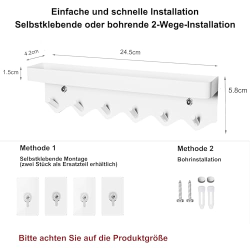 Echehi Leichte Schlüsselhalter mit 6 Haken, 2 Möglichkeiten zu Installieren schlüsselablage, Schlüsselbrett Ohne Bohren Geeignet für Eingangsbereiche und Hinter Türen. Weiß