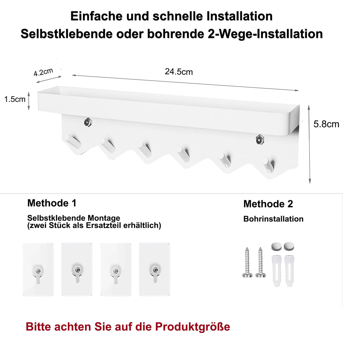 Echehi Leichte Schlüsselhalter mit 6 Haken, 2 Möglichkeiten zu Installieren schlüsselablage, Schlüsselbrett Ohne Bohren Geeignet für Eingangsbereiche und Hinter Türen. Weiß