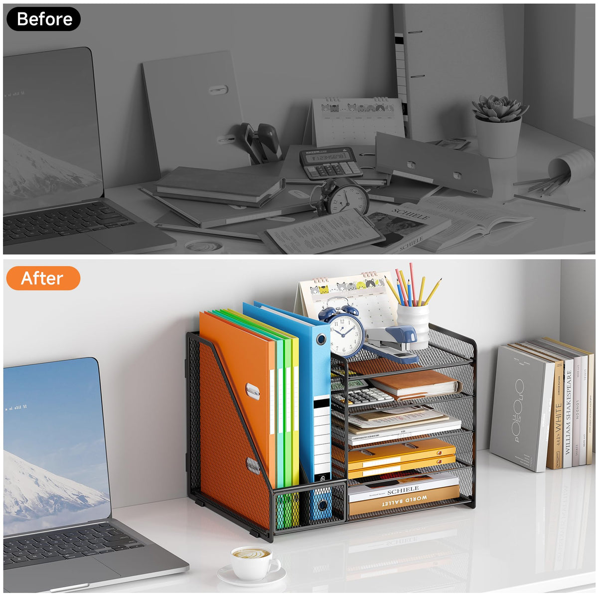 VITVITI Schreibtisch Organizer, 5 Ebenen Briefablage, Aktenhalter, Büro Organizer mit Stehsammlere, Bürobedarf für A4 Dokumentenablag (Schwarz ohne Schublade)