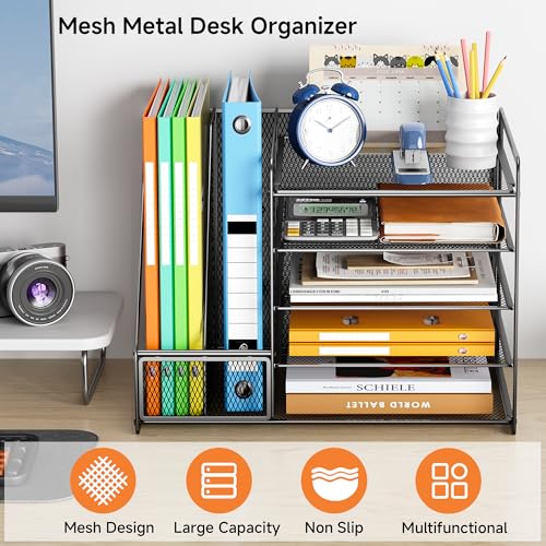 VITVITI Schreibtisch Organizer, 5 Ebenen Briefablage, Aktenhalter, Büro Organizer mit Stehsammlere, Bürobedarf für A4 Dokumentenablag (Schwarz ohne Schublade)