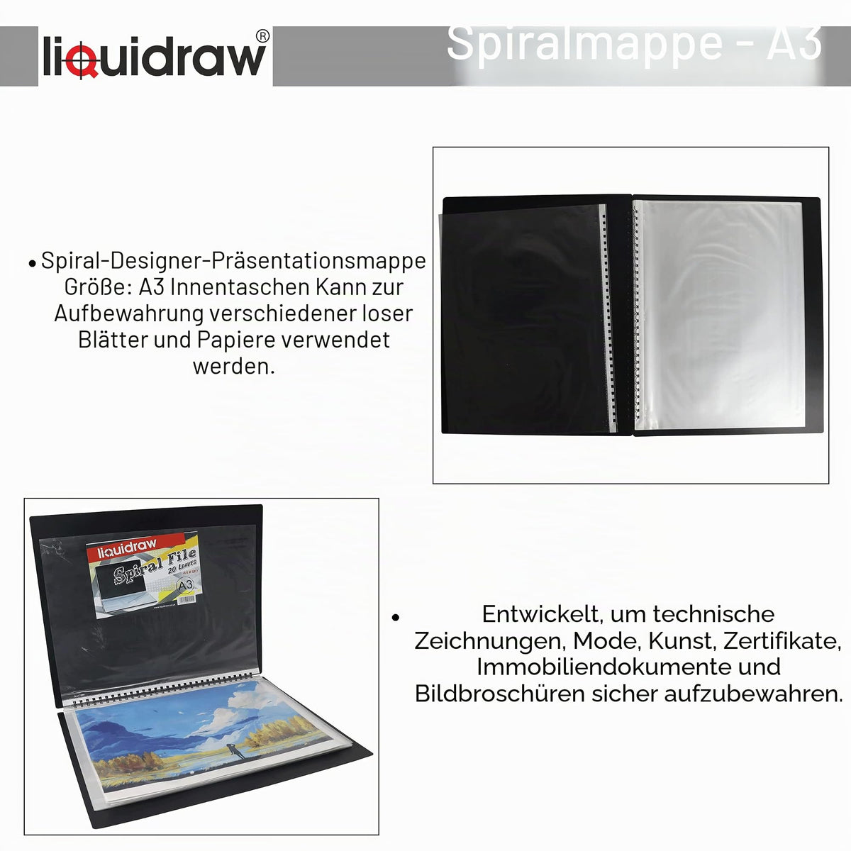 Liquidraw A3 Kunst-Portfolio-Hülle für Künstler mit 20 Hüllen Einlagen Aufbewahrung Spiralordner Portfolio Ordner für Künstler, Architekten, Zeichnen, Malen, Dokumente und professionelle Dateien