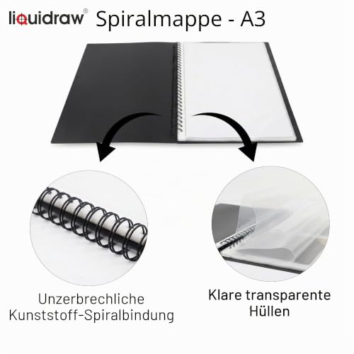 Liquidraw A3 Kunst-Portfolio-Hülle für Künstler mit 20 Hüllen Einlagen Aufbewahrung Spiralordner Portfolio Ordner für Künstler, Architekten, Zeichnen, Malen, Dokumente und professionelle Dateien