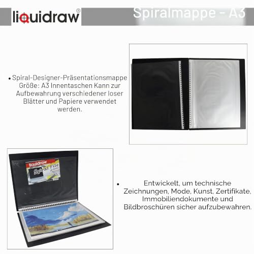 Liquidraw A3 Kunst-Portfolio-Hülle für Künstler mit 20 Hüllen Einlagen Aufbewahrung Spiralordner Portfolio Ordner für Künstler, Architekten, Zeichnen, Malen, Dokumente und professionelle Dateien