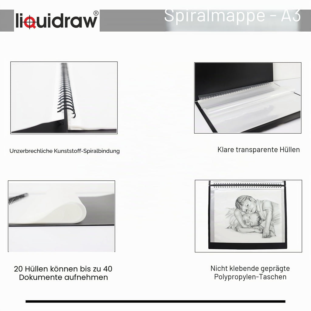 Liquidraw A3 Kunst-Portfolio-Hülle für Künstler mit 20 Hüllen Einlagen Aufbewahrung Spiralordner Portfolio Ordner für Künstler, Architekten, Zeichnen, Malen, Dokumente und professionelle Dateien