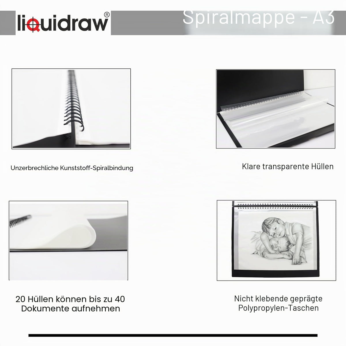 Liquidraw A3 Kunst-Portfolio-Hülle für Künstler mit 20 Hüllen Einlagen Aufbewahrung Spiralordner Portfolio Ordner für Künstler, Architekten, Zeichnen, Malen, Dokumente und professionelle Dateien