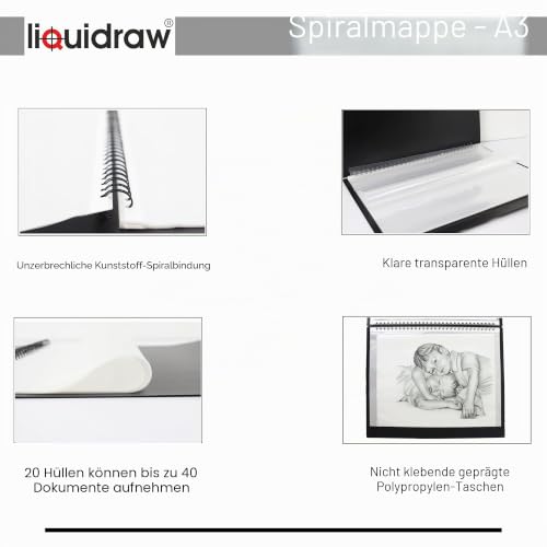 Liquidraw A3 Kunst-Portfolio-Hülle für Künstler mit 20 Hüllen Einlagen Aufbewahrung Spiralordner Portfolio Ordner für Künstler, Architekten, Zeichnen, Malen, Dokumente und professionelle Dateien