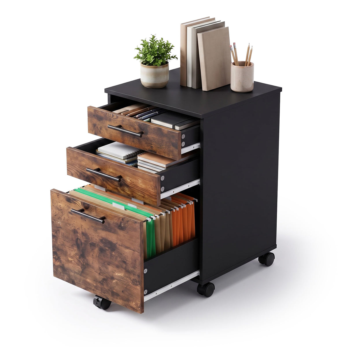 Relaxdays Rollcontainer, 3 Schubladen, schwarz/braun