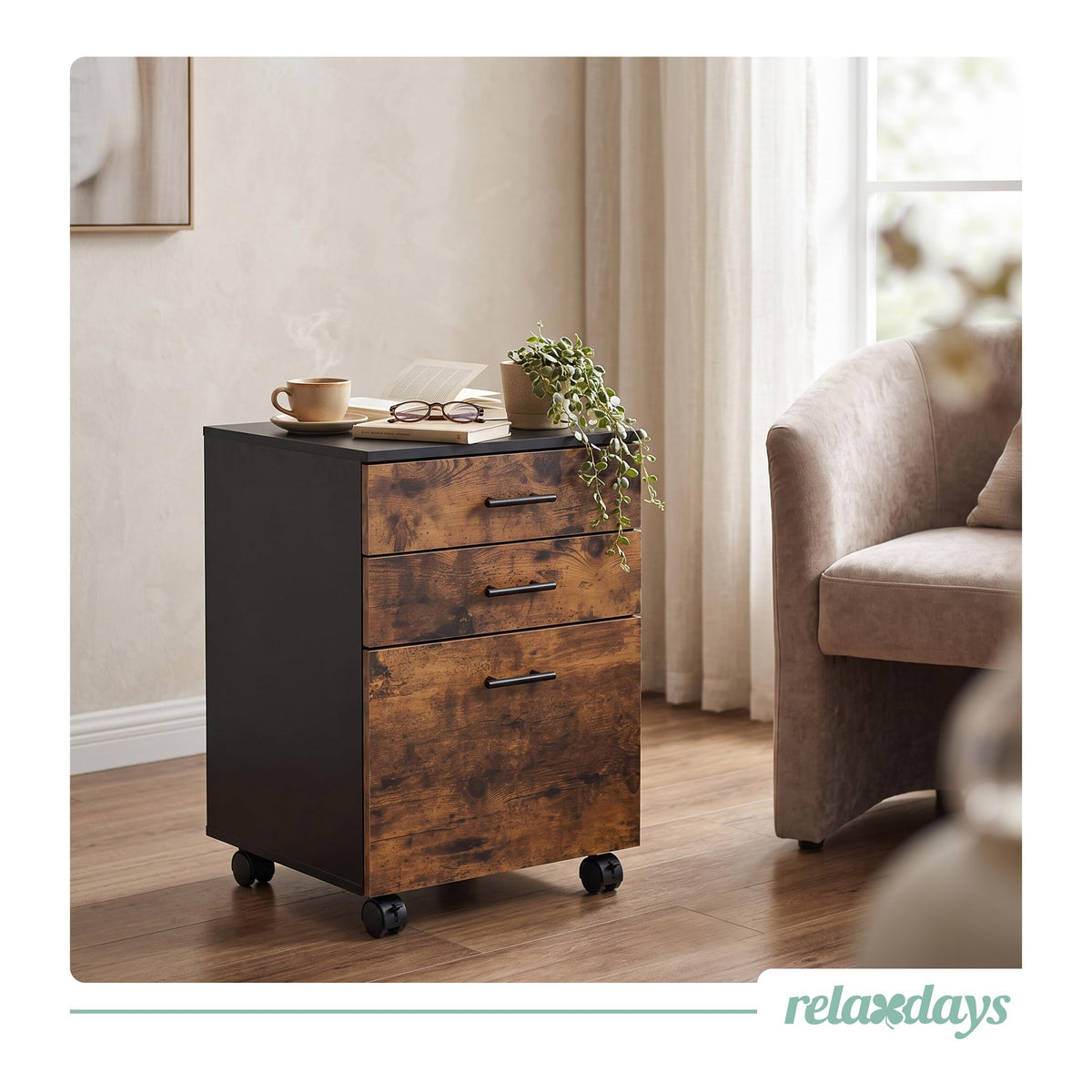 Relaxdays Rollcontainer, 3 Schubladen, schwarz/braun