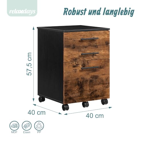 Relaxdays Rollcontainer, 3 Schubladen, schwarz/braun