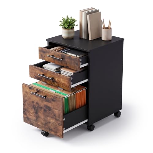 Relaxdays Rollcontainer, 3 Schubladen, schwarz/braun