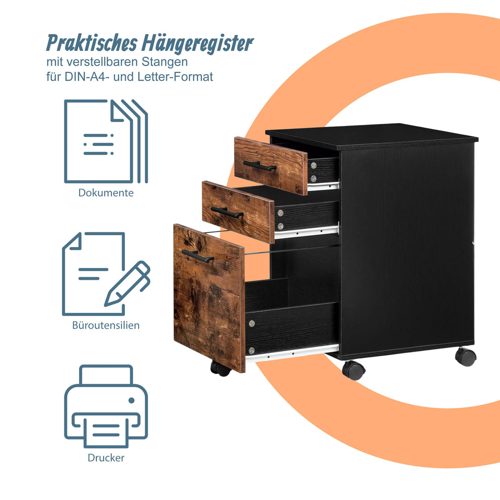 Relaxdays Rollcontainer, 3 Schubladen, schwarz/braun