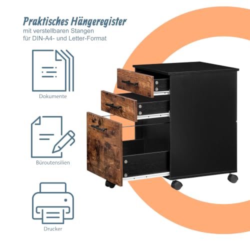 Relaxdays Rollcontainer, 3 Schubladen, schwarz/braun