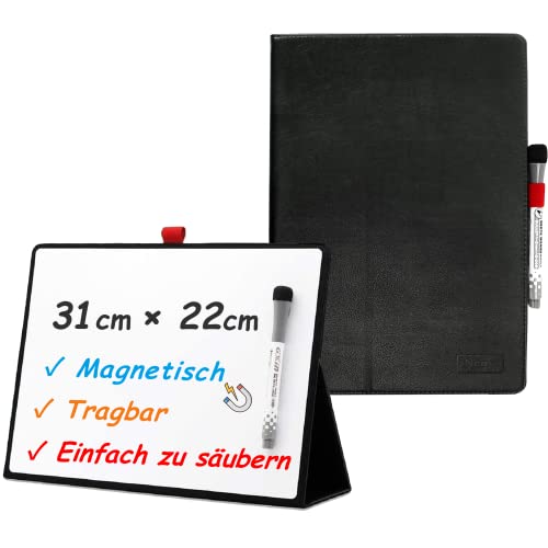 iNenya tragbar Whiteboard A4 – aufklappbar, aufstellbar – leicht abwischbares kleines Whiteboard – inkl. Marker, 31x22 cm, Schwarz