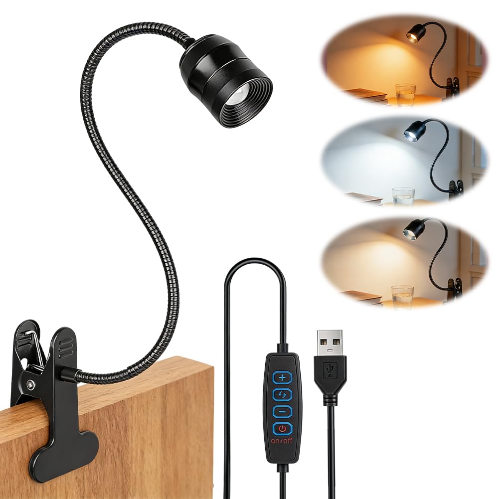 LED Leselampe mit Klemme und Schwanenhals 3 Lichtfarben Dimmbar
