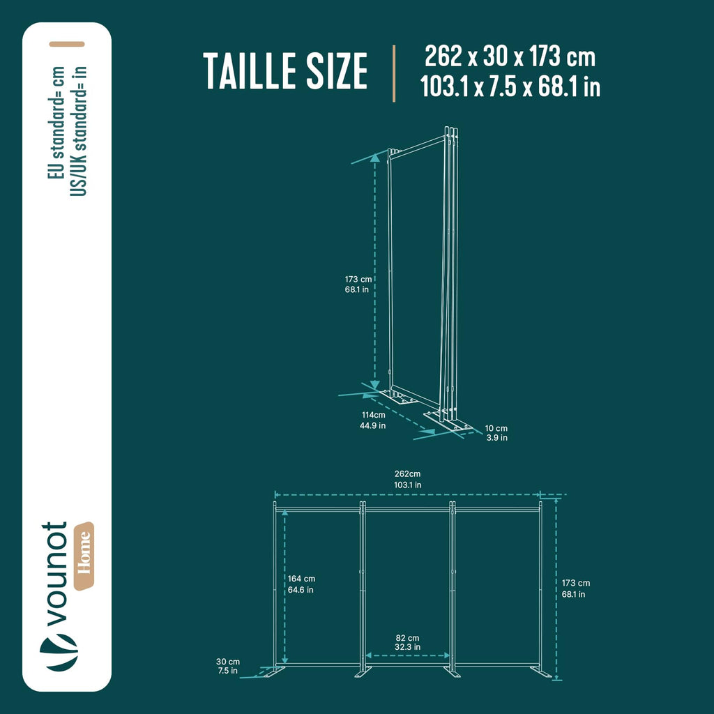 VOUNOT® Paravent Raumteiler 3 Teilig Freistehend Stoff Trennwand Klappbar Sichtschutz Stellwand für Balkon Wohnzimmer Schlafzimmer und Büro 262 x 30 x 173 cm Anthrazit
