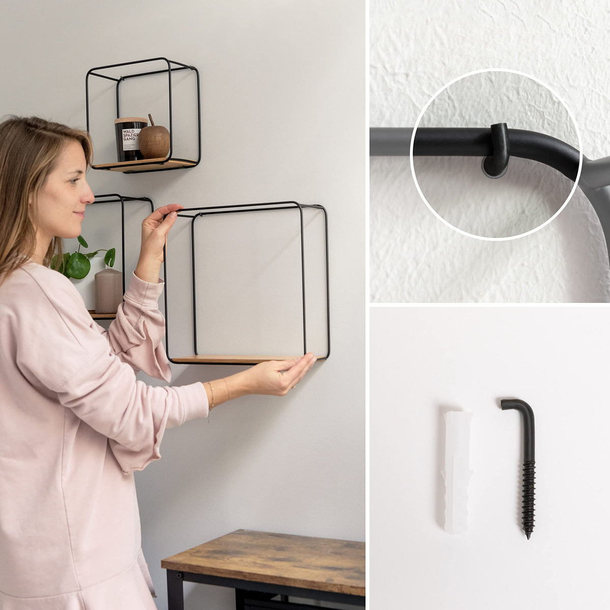 Kazai. Wandregal-Set -Jona- | 3-Teiliges Hängeregal aus Metall und Echtholz-Veneer | Wanddeko und Ablage für Bad, Wohnzimmer, Küche, Schlafzimmer und mehr | Eiche