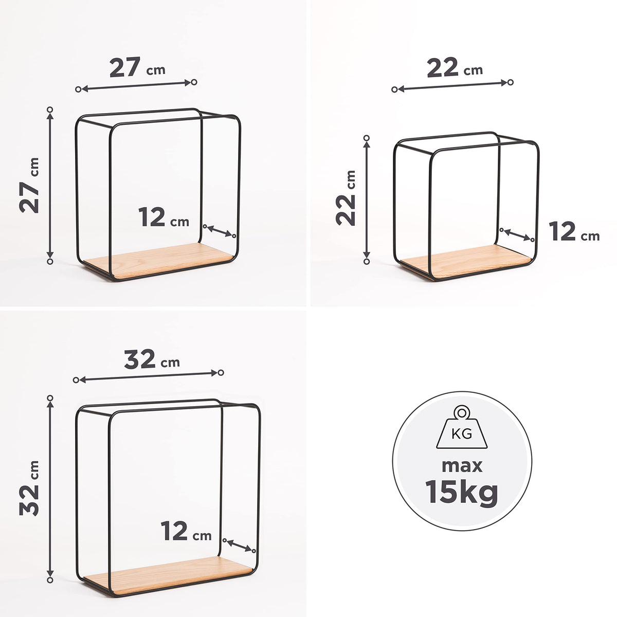 Kazai. Wandregal-Set -Jona- | 3-Teiliges Hängeregal aus Metall und Echtholz-Veneer | Wanddeko und Ablage für Bad, Wohnzimmer, Küche, Schlafzimmer und mehr | Eiche