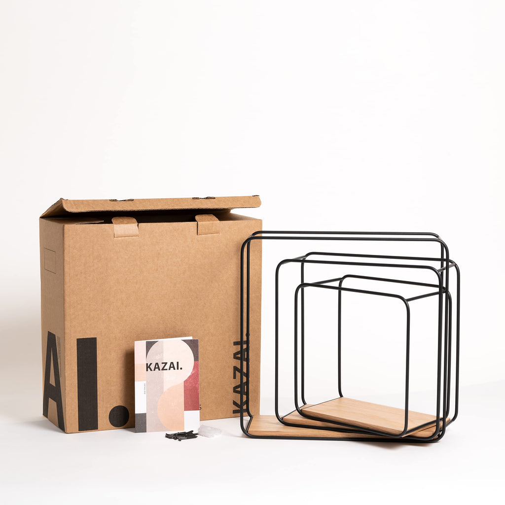 Kazai. Wandregal-Set -Jona- | 3-Teiliges Hängeregal aus Metall und Echtholz-Veneer | Wanddeko und Ablage für Bad, Wohnzimmer, Küche, Schlafzimmer und mehr | Eiche