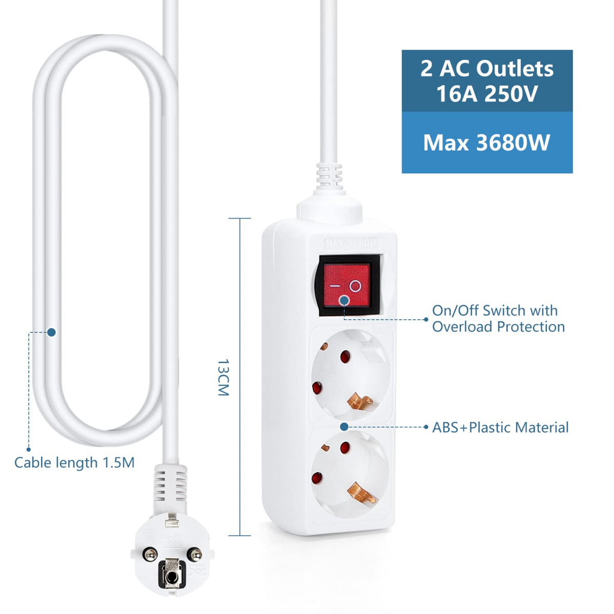 Aigostar Steckdosenleiste 2-Fach mit Schalter Tischsteckdose Kindersicherung 3g1.0m㎡ 1.5 m Kabel, Weiß