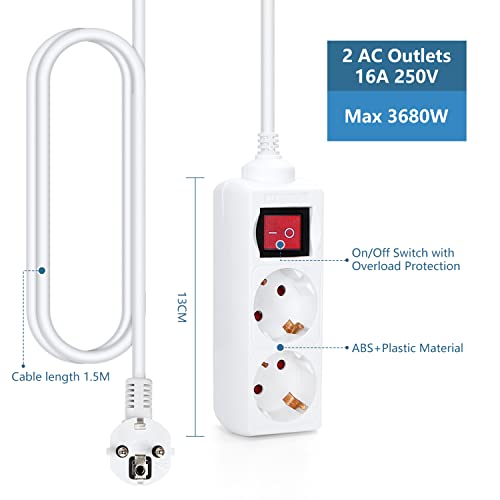 Aigostar Steckdosenleiste 2-Fach mit Schalter Tischsteckdose Kindersicherung 3g1.0m㎡ 1.5 m Kabel, Weiß