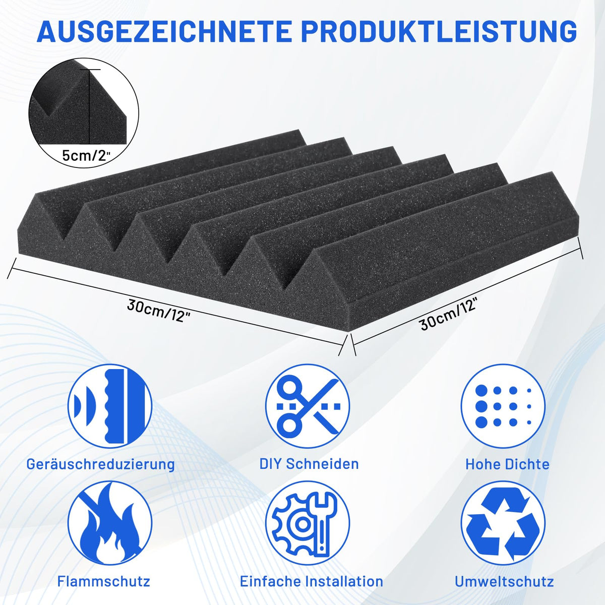 50 Stück Akustikschaumstoff Schalldämmung, 5 X 30 X 30CM (2" X 12" X 12") Schalldämmung Schallschutzplatten, Akustikschaumplatten Schallabsorber Akkustikschaumstoff, Hochdichte Schallabsorber Wand