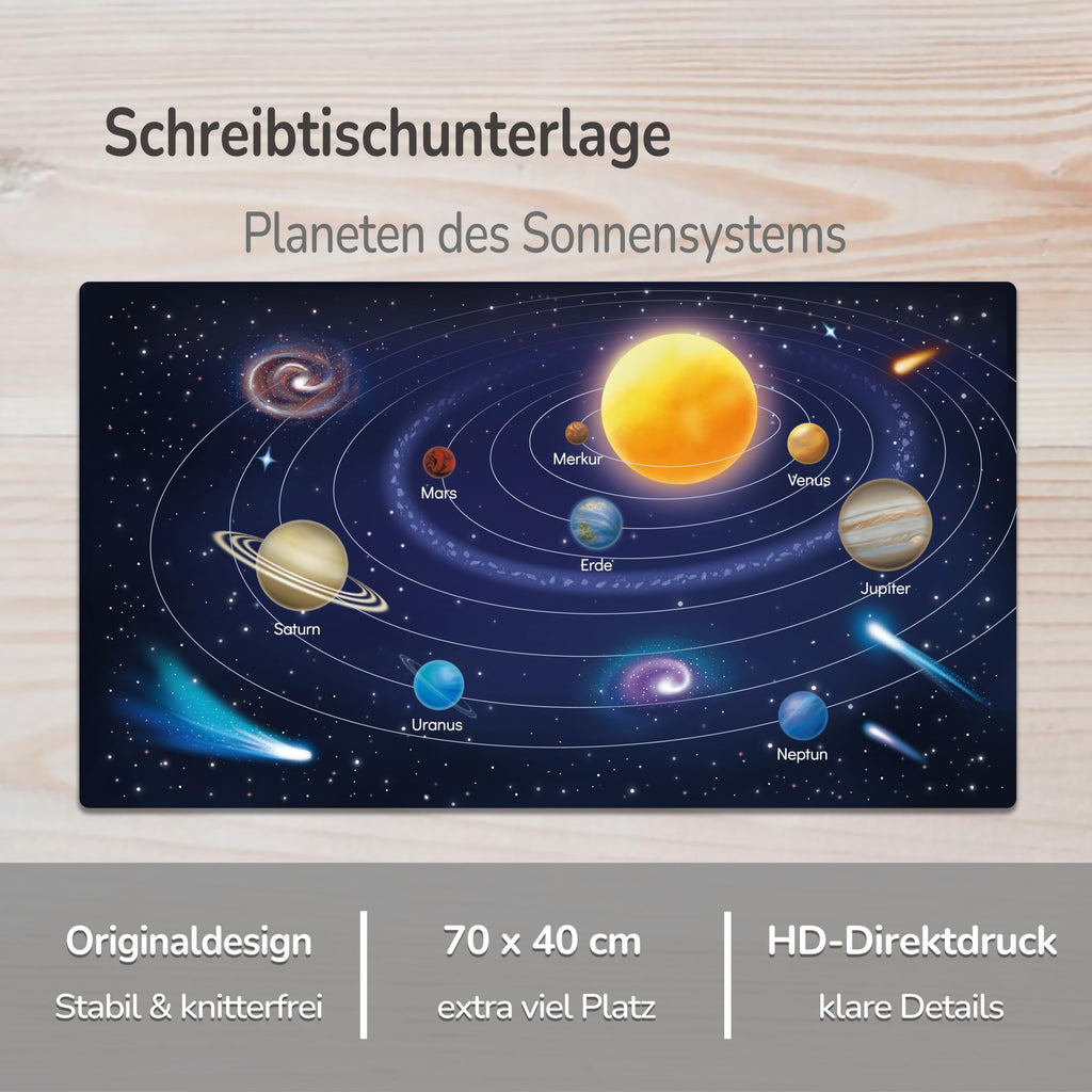 Schreibtischunterlage für Kinder - Planeten des Sonnensystems - 70 x 40 cm - doppelseitige Premium - Vinyl Schreibunterlage - Abwischbare und weiche Malunterlage